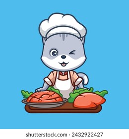 Chef Grey Cat Cute Cartoon Character Illustration