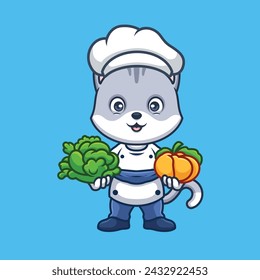 Chef Gato Gris Lindo Dibujo Animado Personaje Ilustración