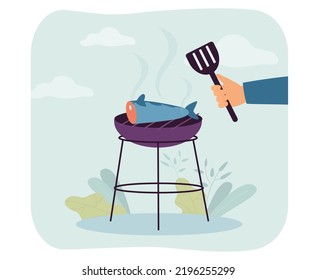 El chef prepara parrilladas de pescado a la parrilla para la cena. Personas que sostienen espátula para cocinar la ilustración vectorial plana de salmón a la parrilla. BBQ, concepto de picnic de verano para banner, diseño de sitios web o página web de aterrizaje