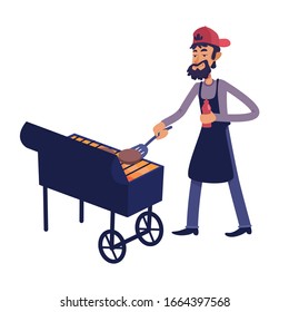 Chef grilling meat flat cartoon vector illustration. Man cooking food for outdoor barbecue. Ready to use 2d character template for commercial, animation, printing design. Isolated comic hero