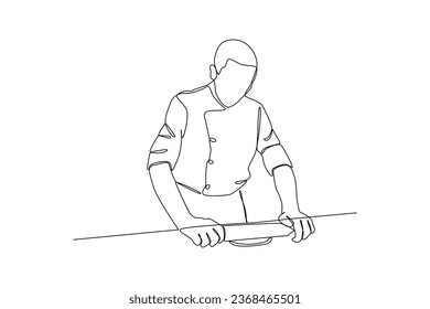 The chef grinds the flour for cooking. Collection of cartoon man and woman preparing food. Cooking illustration in black and white background. Cartoon character flat vector illustration.