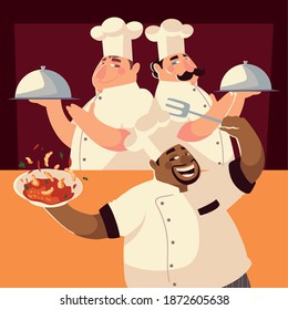chef group with soup and platter restaurant preparing food service vector illustration