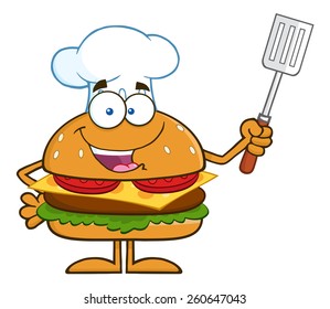 Chef Hamburger Cartoon Character Holding A Slotted Spatula. Vector Illustration Isolated On White