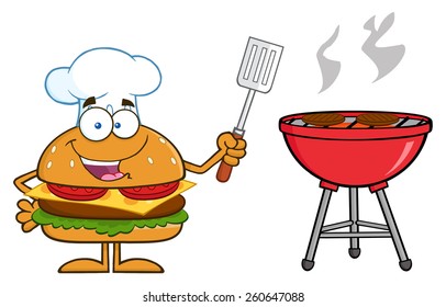 Chef Hamburger Cartoon Character Holding A Slotted Spatula By A Barbecue. Vector Illustration Isolated On White