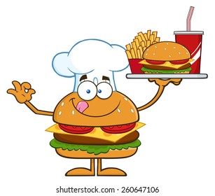 Chef Hamburger Cartoon Character Holding A Platter With Burger, French Fries And A Soda. Vector Illustration Isolated On White