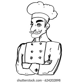 Chef. Hand drawn illustration. Character sketch isolated on white for cafe, menu, restaurant, banners, posters, advertising, scrapbook, prints, manufacturing, fabric, textile, clothes, magnets, apron.