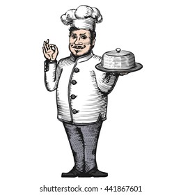 Chef. Hand drawn. Vintage. For restaurant and cafe. Vector Illustration