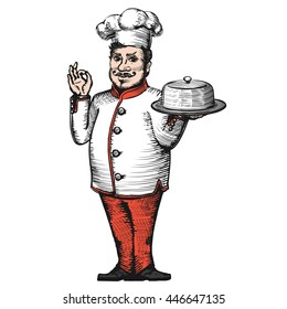 Chef. Hand drawn. Vintage. For restaurant and cafe. Vector Illustration