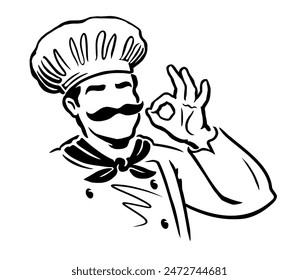 Chef hand gesture approving. Culinary arts, cooking concept vector. Hand drawn male cook black and white drawing