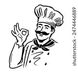 Chef hand gesture ok emblem. Male cook logo, label decoration for restaurant or cafe menu design. Vector illustration