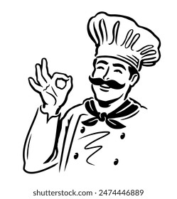 Chef hand gesture ok emblem. Male cook logo, label decoration for restaurant or cafe menu design. Vector illustration