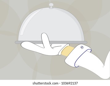 Chef hand holding cooked iron plate, restaurant concept