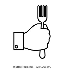 Chef hand holding fork isolated on white. Eating and restaurant. Hand gesture pictogram symbol. Simple thin line black and white vector icon