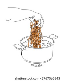 a chef hand is put in to boil orange pumpkins noodle in a pot. Healthy vegies food homemade