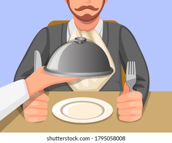 Küchenhand, die im Restaurant- oder Cafeteria-Szenenkonzept in Karikaturen Speisen in Tablettenform serviert, Vektorgrafik
