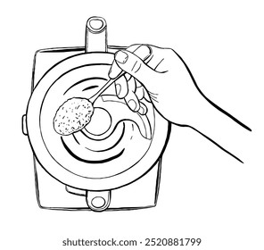 Chef Hands Adding Ingredients to Blender, Outline Sketch Vector Illustration