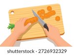 Chef hands chopping fresh carrots, preparing healthy vegetables on cutting board, top view