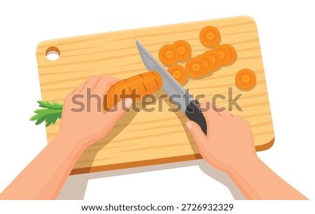 Chef hands chopping fresh carrots, preparing healthy vegetables on cutting board, top view