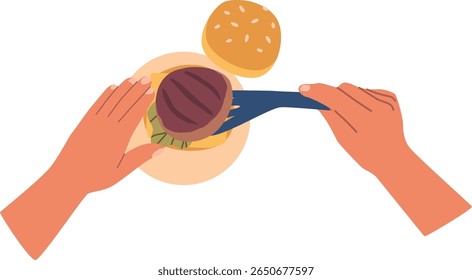 Chef mãos cozinhando hambúrguer vetor ilustração