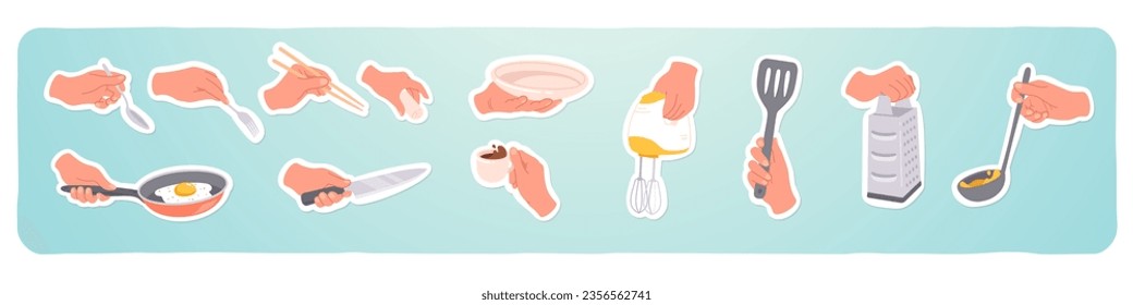 Chef hands holding kitchen utensils cooking set. Person hand preparing food with spoon, knife, pan, fork, cutlery tool collection. Restaurant kitchenware, preparation stickers flat vector illustration