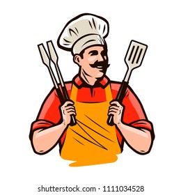 Chef or happy cook holding a grill tools tongs and spatula. Barbecue, kebab food. Cartoon vector illustration