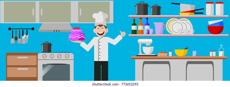 Chef happy holding strawberry cake on kitchen interior background illustration vector