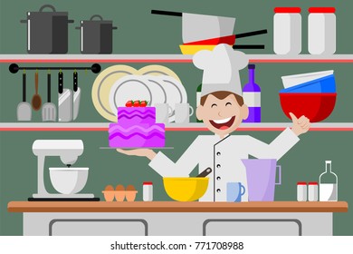 Chef happy holding strawberry pink cake on kitchen shelves and cooking utensils background. Illustration vector.