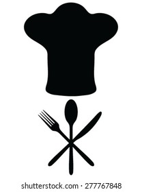 Chef hat and accessories. Icon for a cooking symbol, spoon, knife, fork, vector.
