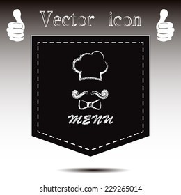 Chef hat and big mustache. Menu card. Vector illustration. 