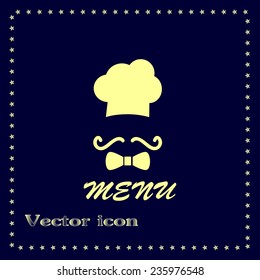 Chef hat and big mustache. Menu card. Vector illustration. 