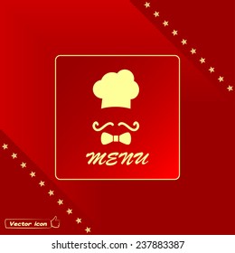 Chef hat and big mustache. Menu card. Vector illustration. 