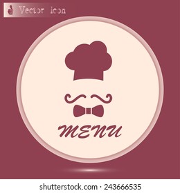 Chef hat and big mustache. Menu card. Vector illustration. 