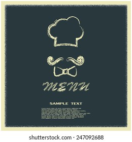 Chef hat and big mustache. Menu card. Vector illustration. 