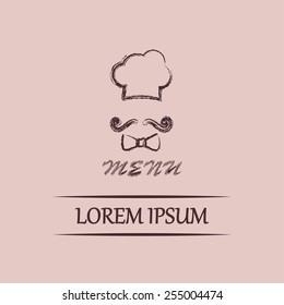 Chef hat and big mustache. Menu card. Vector illustration. 