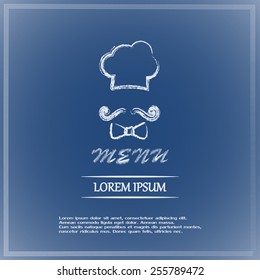 Chef hat and big mustache. Menu card. Vector illustration. 