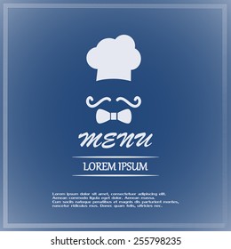 Chef hat and big mustache. Menu card. Vector illustration. 