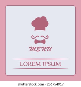 Chef hat and big mustache. Menu card. Vector illustration. 