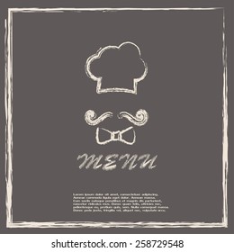 Chef hat and big mustache. Menu card. Vector illustration. 
