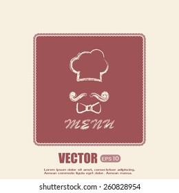 Chef hat and big mustache. Menu card. Vector illustration. 