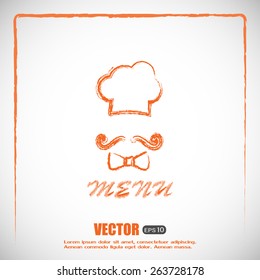 Chef hat and big mustache. Menu card. Vector illustration. 