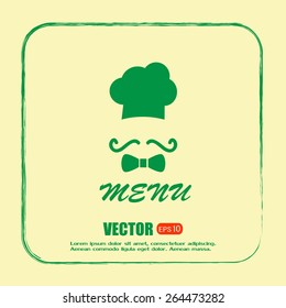 Chef hat and big mustache. Menu card. Vector illustration. 