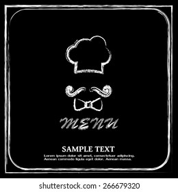 Chef hat and big mustache. Menu card. Vector illustration. 
