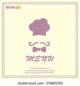 Chef hat and big mustache. Menu card. Vector illustration. 