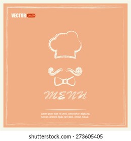 Chef hat and big mustache. Menu card. Vector illustration. 