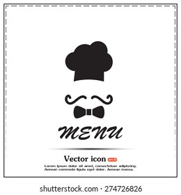 Chef hat and big mustache. Menu card. Vector illustration. 