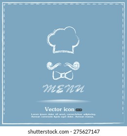 Chef hat and big mustache. Menu card. Vector illustration. 