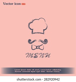 Chef hat and big mustache. Menu card. Vector illustration. 