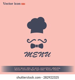 Chef hat and big mustache. Menu card. Vector illustration. 