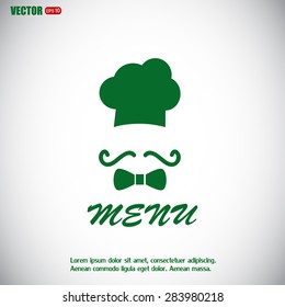 Chef hat and big mustache. Menu card. Vector illustration. 
