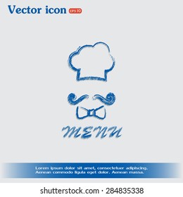 Chef hat and big mustache. Menu card. Vector illustration. 